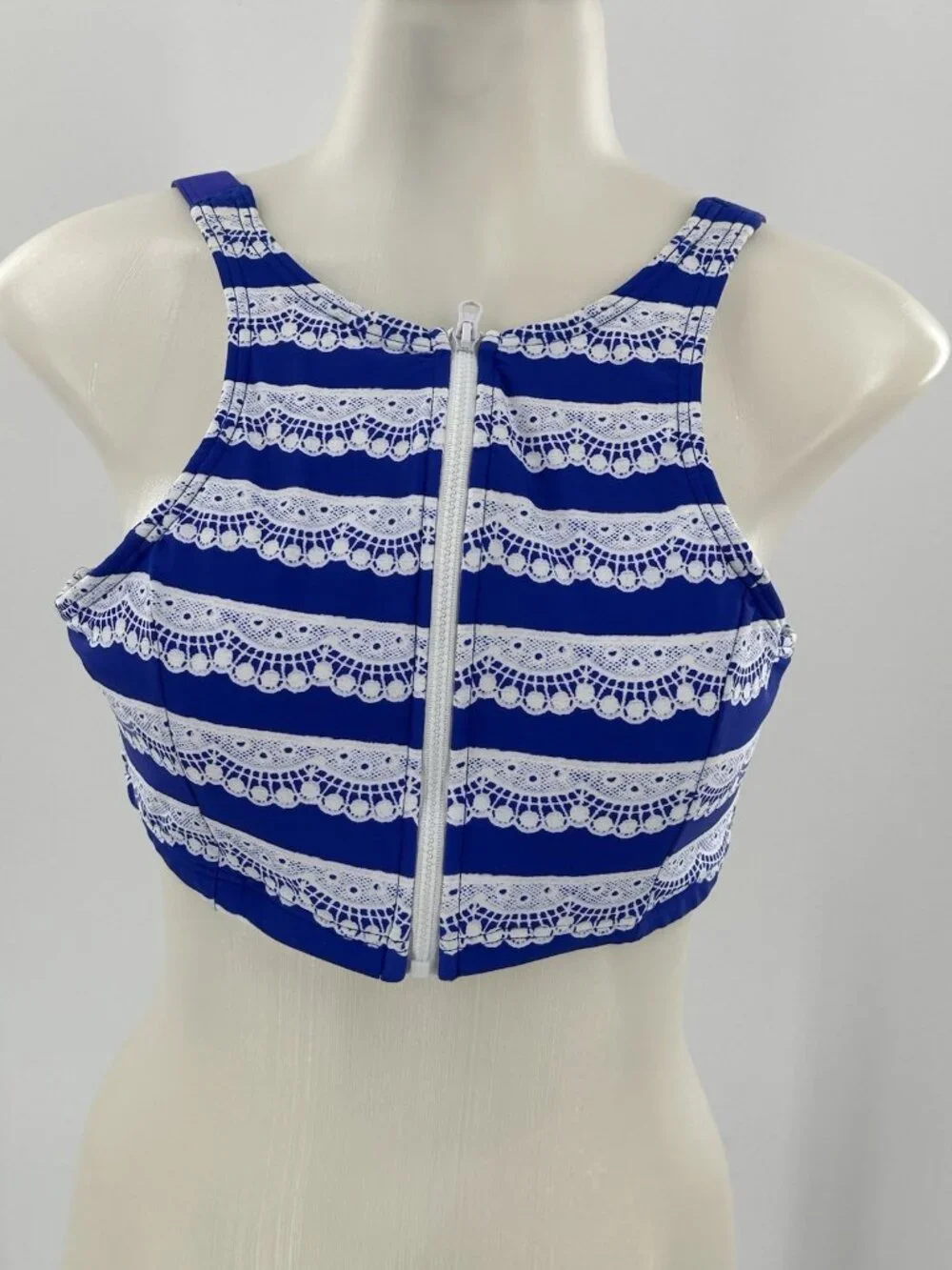 NWOT Venus Blue & White Striped High Neck Zipper Front Padded Swim Top 8